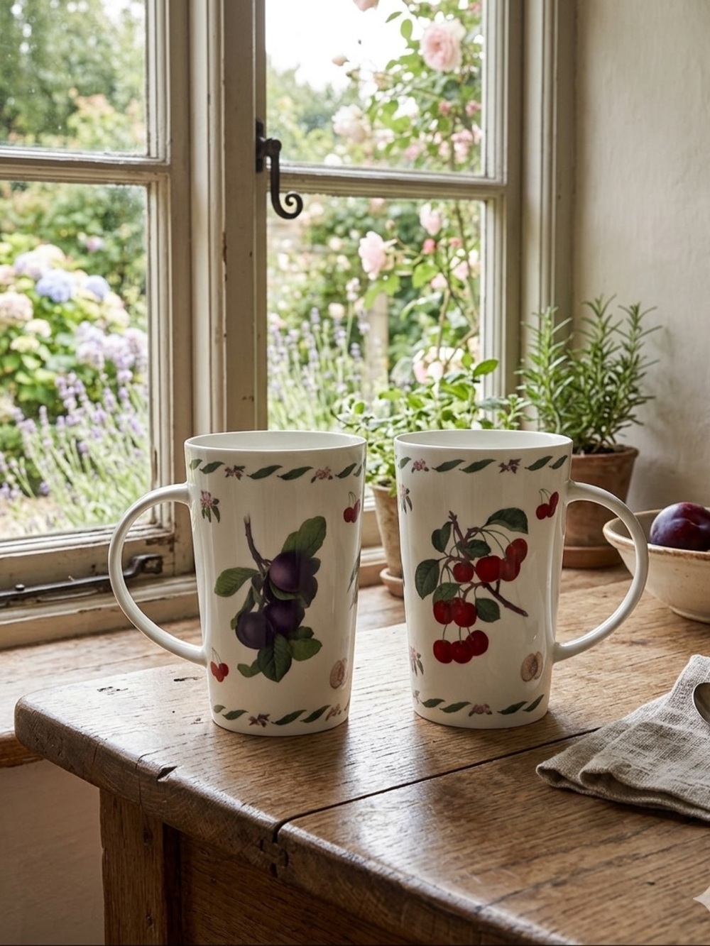 Kent Pottery Fine Bone Coffee Tea Mugs Plum Cherry Cherries Fruit Pair Cottage